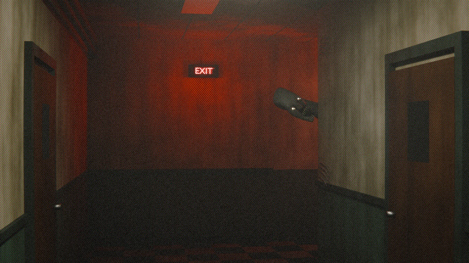 The hallway scene rendered with the VHS look
