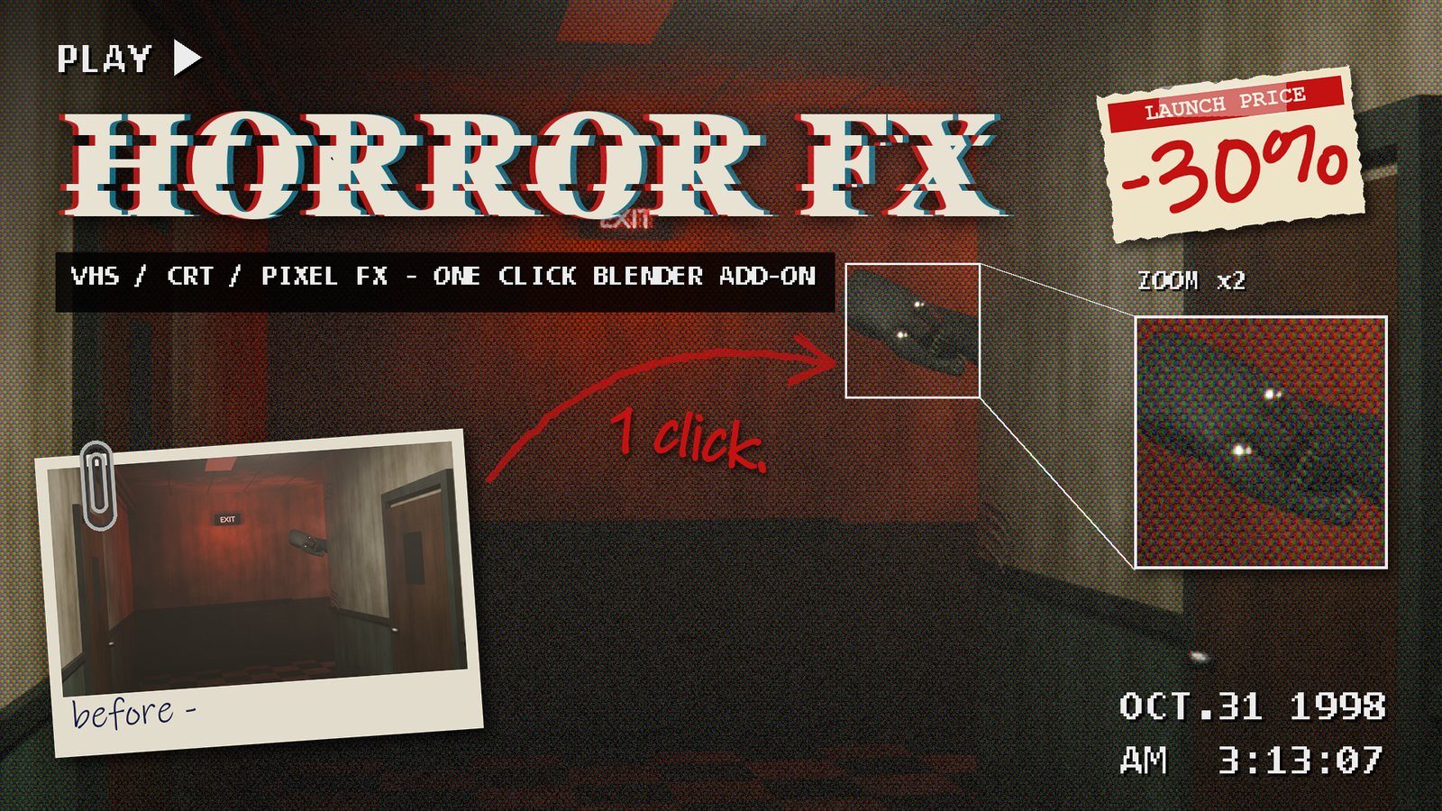 Horror FX thumbnail: camcorder text, a glitched title and the creature in a red-lit hallway