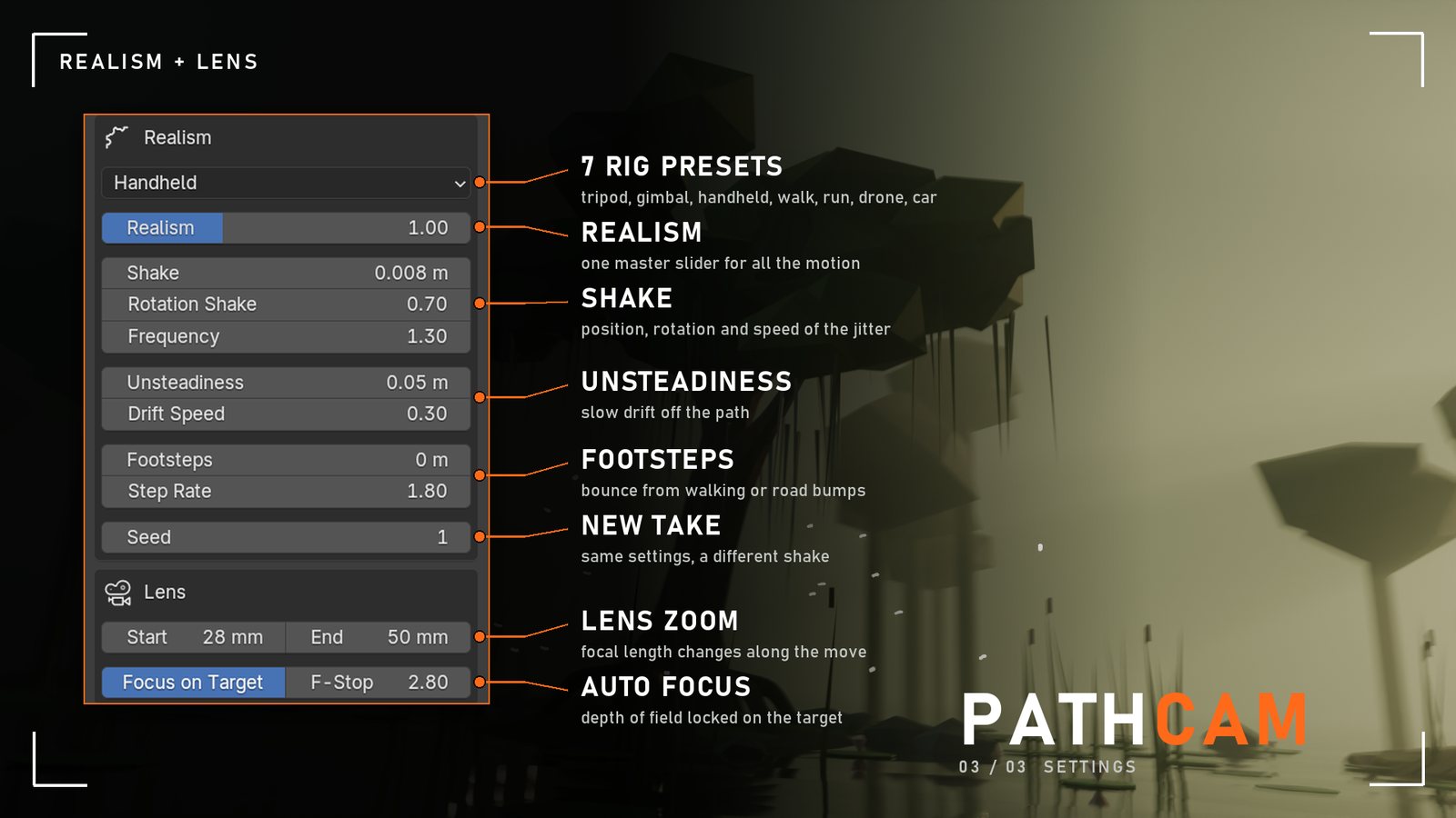 Feature sheet explaining the realism and lens settings