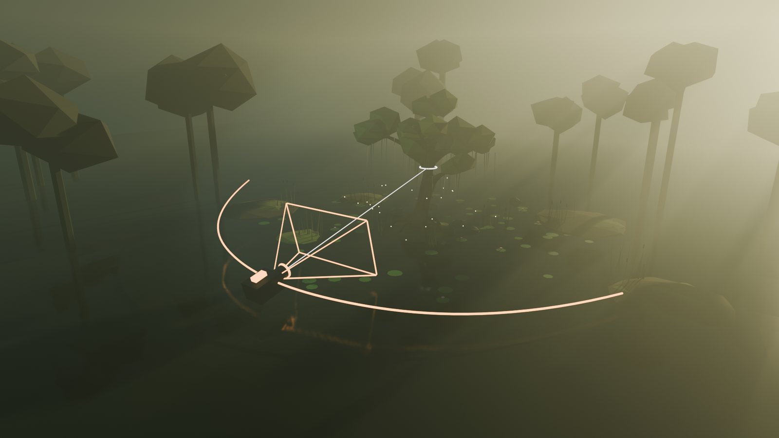 Third-person view of the camera flying its path around a low-poly swamp tree
